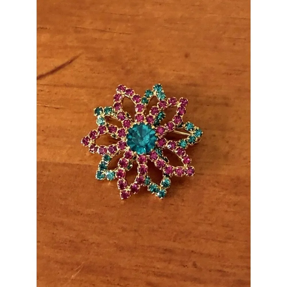 Vintage Style Rhinestone Flower Brooch Teal Pink Gold Tone Starburst Floral Pin